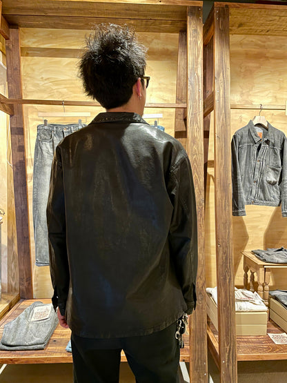 ISAMUKATAYAMA  BACKLASH JAPAN STEER WHITE+MIMOSA/TANNED 0.6mm “GARMENT-DYED” OPEN COLLAR SHIRT L/S