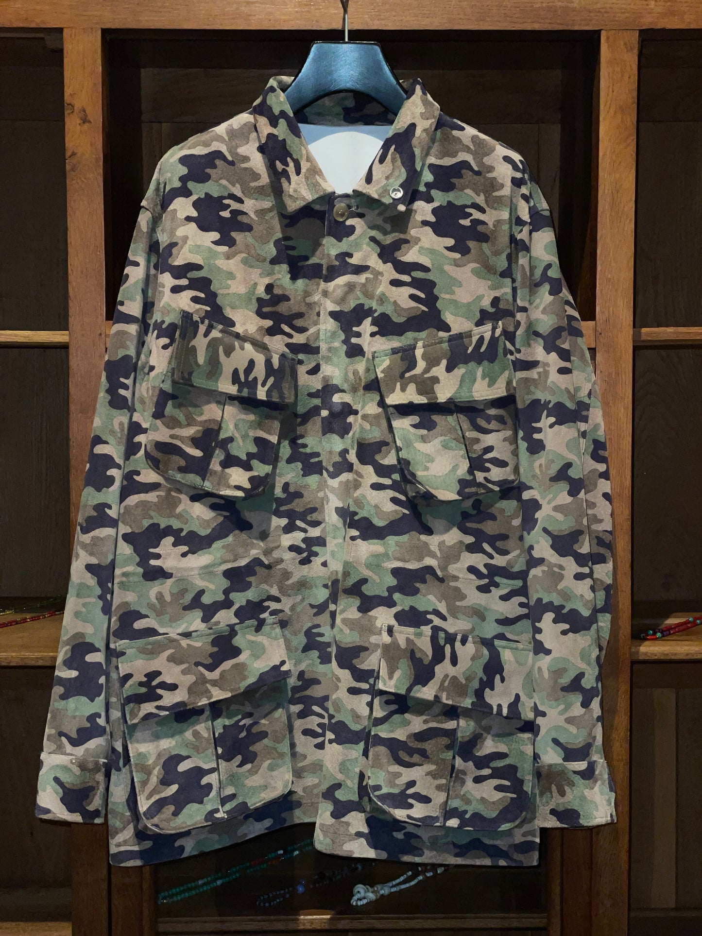 ISAMUKATAYAMA  BACKLASH PIG SUEDE “CAMO PRINT” MILITARY JACKET